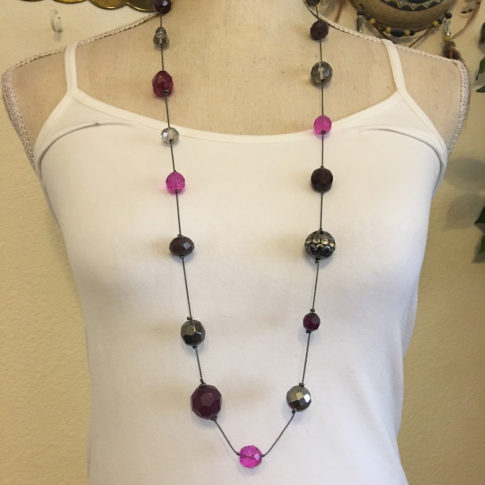 Pink & chrome tone bead mix chain necklace
